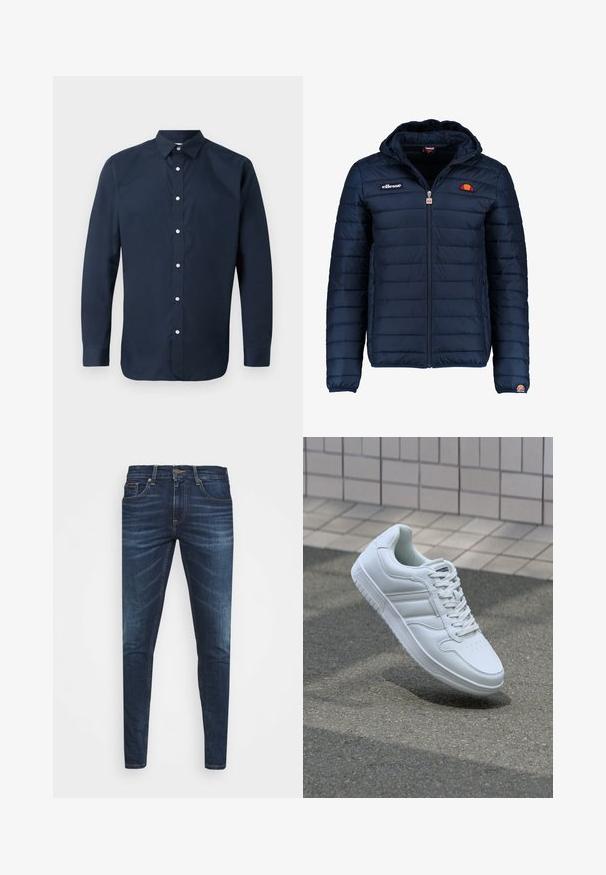 Mörkblå pufferjacka med huva, dragkedjestängning, kanalsömmar och logodetaljer på bröstet och ärmen. Mjuk, texturerad tyg.; Marinblus med lång ärm i slätt bomull, med spridd krage, knappslå fram och knäppta ärmslut. Inga synliga mönster.; Mörkblå denimjeans med smal passform, subtilt blekning, fem fickor och metallknappstängning. Sömnadsdetaljer i kontrasterande färg.; Vit atletisk sneakers med slätt läderöverdel, snörning fram, perforerad tå och mönstrad sula. Minimalistisk design med tre sidostycken.