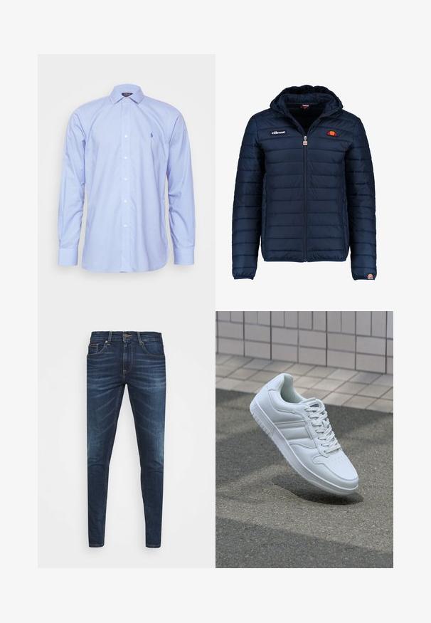 Casaco puffer azul marinho com capuz, fecho de correr, costura em canais e detalhes do logo no peito e na manga. Tecido macio e texturizado.; Camisa de manga longa em xadrez azul claro com colarinho pontiagudo, botões frontais e um pequeno logótipo no lado esquerdo do peito. Tecido de algodão, textura suave.; Jeans de ganga azul escura com um corte slim, desbotamento suave, cinco bolsos e fecho com botão de metal. Detalhes costurados em cor contrastante.; Sapatilha desportiva branca com parte superior em couro liso, frente com atacadores, bico perfurado e sola padronizada. Design minimalista com três riscas laterais.