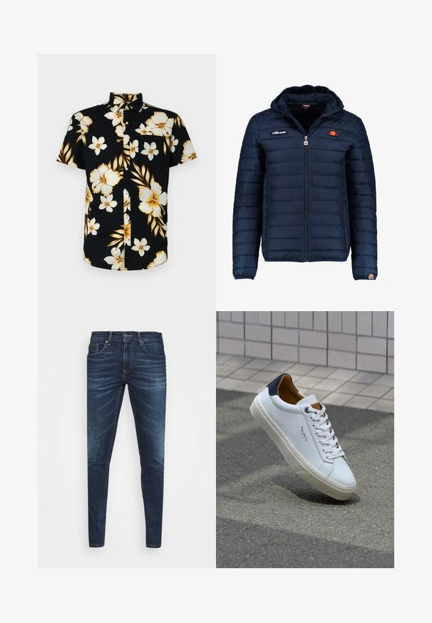 Marineblauwe gewatteerde jas met een capuchon, ritsluiting, kanalenstiksel en logoaccenten op de borst en mouw. Zachte, gestructureerde stof.; Korte mouwen, zwarte overhemden met grote witte en gouden bloemenpatronen, een klassieke kraag en een borstzak aan de linkerkant.; Donkerblauwe denim jeans met een slim fit, subtiele vervaging, vijf zakken en een metalen knoopsluiting. Gestikte accenten in contrasterende kleur.; Witte leren sneaker met een marineblauwe hiel, ronde neus en contrasterende bruin accent. Beschikt over platte veters en een gestructureerde rubberen zool.