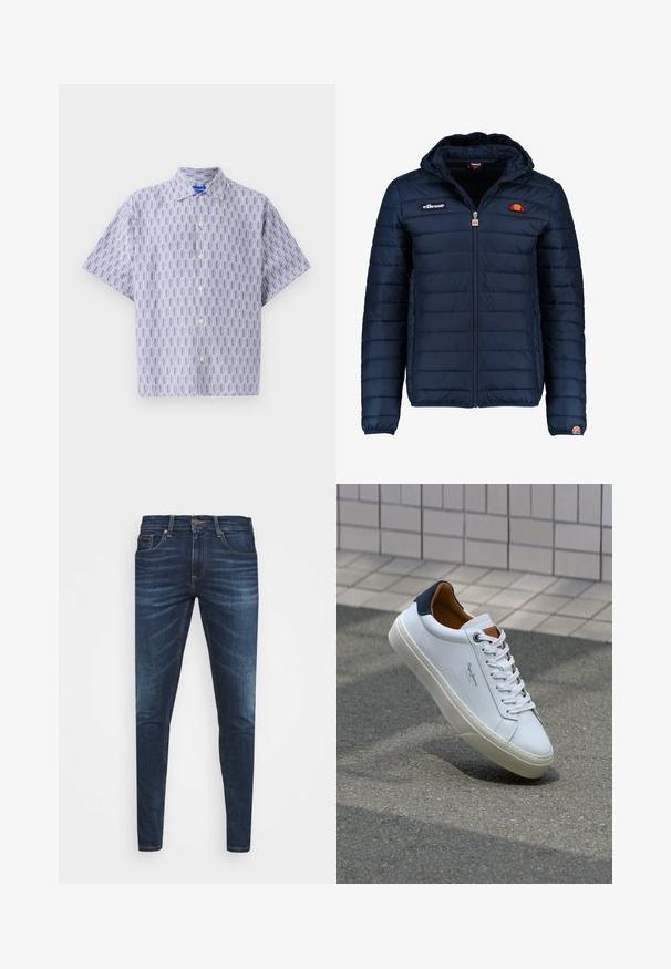 Marineblauwe gewatteerde jas met een capuchon, ritsluiting, kanalenstiksel en logoaccenten op de borst en mouw. Zachte, gestructureerde stof.; Korte mouwen overhemd met knopen in lichtblauw met een donkerblauw geometrisch patroon. Voorzien van een kraag en een ontspannen pasvorm. Gemaakt van lichtgewicht stof.; Donkerblauwe denim jeans met een slim fit, subtiele vervaging, vijf zakken en een metalen knoopsluiting. Gestikte accenten in contrasterende kleur.; Witte leren sneaker met een marineblauwe hiel, ronde neus en contrasterende bruin accent. Beschikt over platte veters en een gestructureerde rubberen zool.