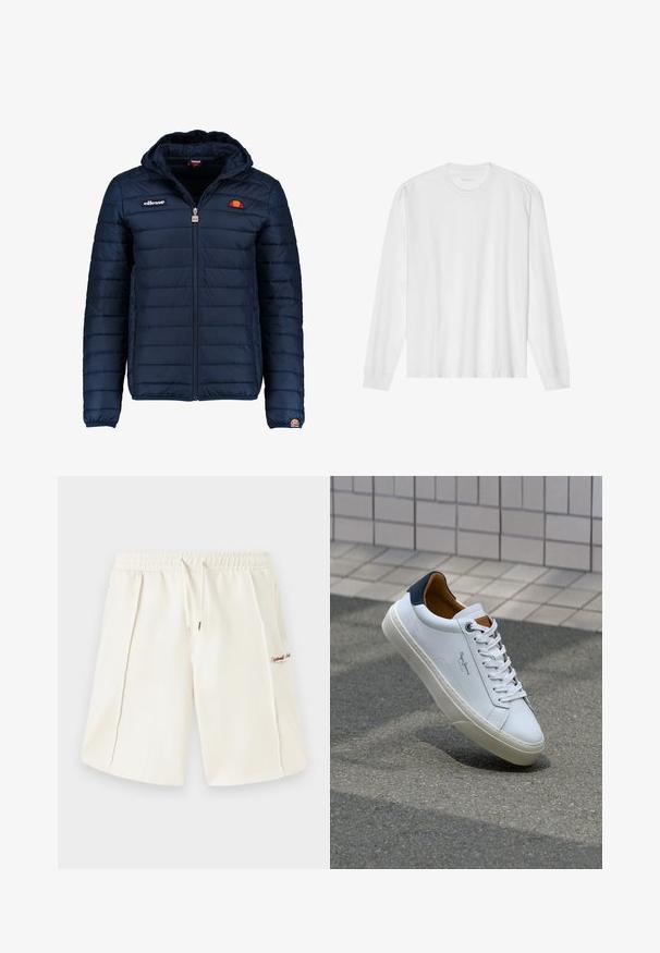 Dunkelblaue Daunenjacke mit Kapuze, Reißverschluss, Kastensteppnähten und Logo-Akzenten auf der Brust und dem Ärmel. Weicher, strukturierter Stoff.; Langärmliges weißes Baumwoll-T-Shirt mit Rundhalsausschnitt und gerippten Bündchen. Einfaches, ungeschmücktes Design mit glatter Textur und normaler Passform.; Cremefarbene Shorts aus weichem Material mit elastischem Taillenbund, Kordelzug, seitlichen Taschen und einem kleinen roten Logodetail an der Seite.; Weiße Ledersneaker mit navyfarbenem Fersenbereich, runder Zehenpartie und kontrastierenden braunen Akzenten. Verfügt über flache Schnürsenkel und eine strukturierte Gummisohle.