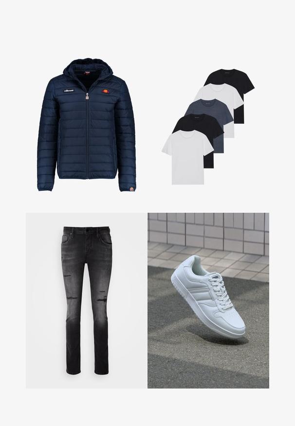 Jachetă puffer de culoare bleumarin, cu glugă, închidere cu fermoar, cusături în canale și detalii cu logo pe piept și pe mânecă. Material moale, texturat.; Set de cinci tricouri în negru, alb și albastru închis. Fabricat din bumbac, cu mâneci scurte, design cu gât rotund și textură uniformă, fără modele.; Jeans negri din denim cu un design ajustat, având detalii uzate și o textură netedă. Stil cu cinci buzunare, cu închidere prin fermoar și nasture.; Adidași albi pentru sport cu superior din piele netedă, sistem de șireturi în față, vârf perforat și talpă cu model. Design minimalist cu trei dungi laterale.