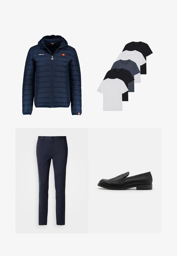 Navy blue puffer jacket with a hood, zip closure, channel stitching, and logo accents on the chest and sleeve. Soft, textured fabric.; Set of five t-shirts in black, white, and navy blue. Cotton fabric, short sleeves, crew neck design, and plain texture with no patterns.; Navy trousers made from a smooth, stretch fabric. Features a zip fly, a single button closure, and slim, tapered legs.; Black leather loafers with a smooth finish, rounded toe, and a small decorative flap. Features a low stacked heel and subtle branding detail.