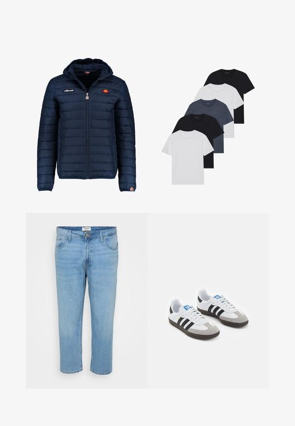 Námornícky modrá prešívaná bunda s kapucňou, zipsom, kanálovým prešívaním a logovými akcentmi na hrudi a rukáve. Mäkkučká, textúrovaná tkanina.; Sada piatich tričiek v čiernej, bielej a námorníckej modrej farbe. Bavlnený materiál, krátke rukávy, dizajn s okrúhlym výstrihom a hladká textúra bez vzorov.; Svetlo modré džíny s voľným strihom, dizajnom piatich vreciek, gombíkovým zapínaním a viditeľnými švíkmi.; Športové topánky s bielym koženým zvrškom, šedou semišovou špičkou a tromi čiernymi pruhmi. Obsahujú modré logo na jazyku a štruktúrovanú gumovú podrážku.