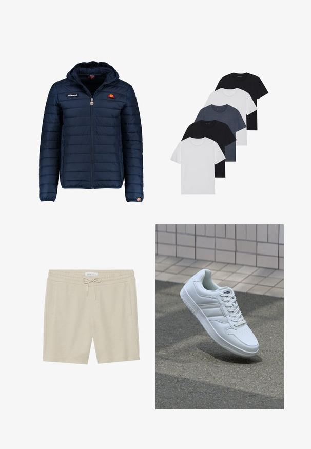 Giubbotto imbottito blu navy con cappuccio, chiusura con zip, cuciture a canale e dettagli con logo sul petto e sulla manica. Tessuto morbido e testurizzato.; Set di cinque t-shirt in nero, bianco e blu navy. Tessuto di cotone, maniche corte, design a collo rotondo e texture semplice senza motivi.; Pantaloni corti color khaki realizzati in tessuto morbido, con vita con coulisse, due tasche laterali e una vestibilità comoda.; Sneaker sportivo bianco con tomaia in pelle liscia, chiusura con lacci, punta perforata e suola decorata. Design minimalista con tre strisce laterali.