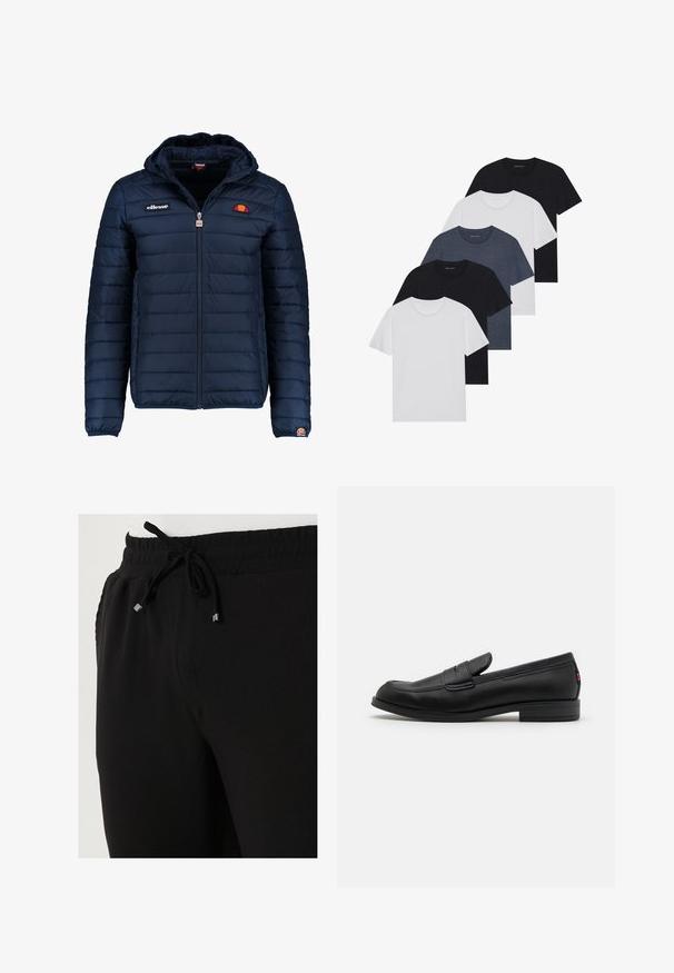 Tengerészkék puffos dzseki kapucnival, cipzáras záródással, csatorna varrással, és logóval díszített mellkassal és ujjakkal. Puha, texturált anyag.; Öt fekete, fehér és tengerészkék póló készlet. Pamut anyag, rövid ujjak, kerek nyakú dizájn és sima textúra minták nélkül.; Buratti Tréningruha alsók - black; Fekete bőr loafer cipők sima felülettel, lekerekített orral és egy kis díszes hajtókával. Alacsony, rakott sarkú és diszkrét márkázási részletekkel rendelkezik.