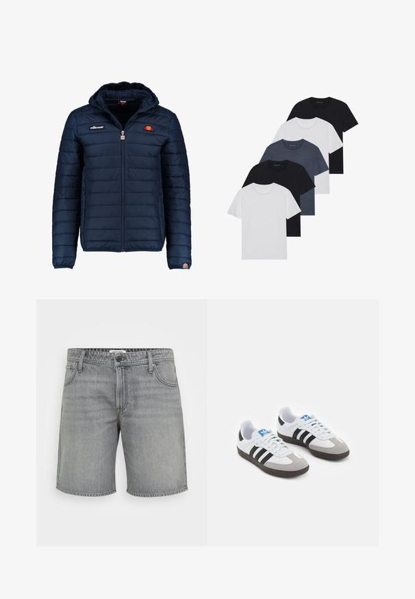 Navy blue puffer jacket with a hood, zip closure, channel stitching, and logo accents on the chest and sleeve. Soft, textured fabric.; Set of five t-shirts in black, white, and navy blue. Cotton fabric, short sleeves, crew neck design, and plain texture with no patterns.; Gray denim shorts with a classic cut, five pockets, and a standard button and zipper closure. Slightly faded texture, clean hem.; Sport shoes with a white leather upper, gray suede toe, and three black stripes. Features a blue logo on the tongue and a textured rubber sole.