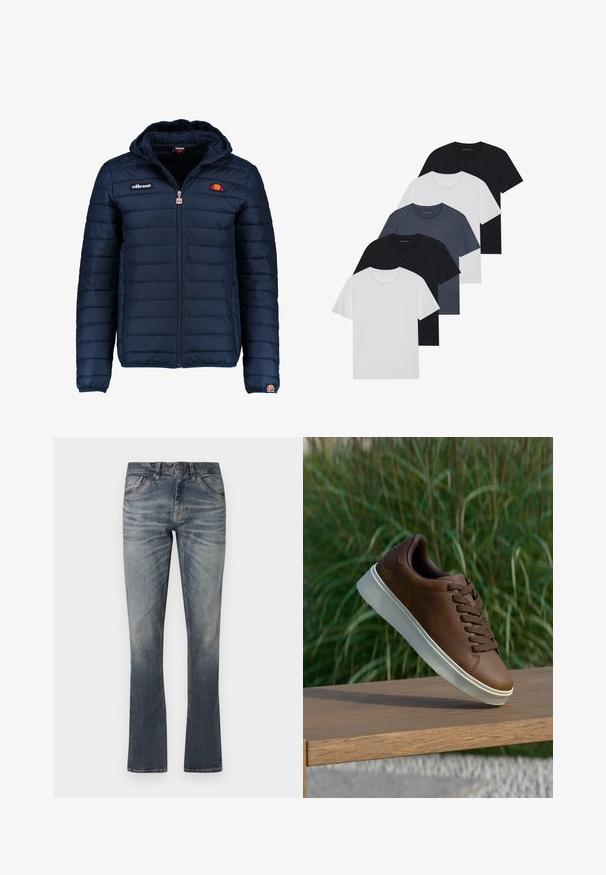 Temno modra napihnjena jakna s kapuco, z zadrgo, kanalnim šivom in logotipom na prsih in rokavu. Mehka, teksturirana tkanina.; Set petih majic v črni, beli in mornarsko modri barvi. Bombažni material, kratki rokavi, krojen vrh z okroglim izrezom ter enostavno teksturo brez vzorcev.; Denim hlače, svetlo modra pranja, rahlo bledenje, ravna dizajn, pet žepov, metalni dodatki in šivani detajli.; Rjave usnjene tene s belim gumijastim podplatom, zaobljenim nosom in rjavimi vezalkami. Teksturni oprijem na podplatu in gladka površina na zgornjem delu.