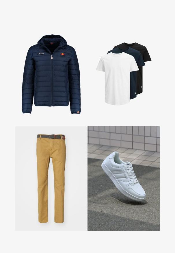 Mørkeblå puffjakke med hætte, lynlåslukning, kanalstyret syning og logo-detaljer på brystet og ærmet. Blødt, struktureret stof.; Tre kortærmede T-shirts i hvid, mørk navy og sort. Lavet af bomuld, med rund hals og lige kant. Simpelt design, ingen mønstre.; Khaki chinos med slim fit, lavet af bomuldsstof, med et struktureret gråt og sort vævet bælte med brune læderdetaljer.; Hvide atletiske sneakers med glat læderoverdel, snørelukning foran, perforeret tå og mønstret sål. Minimalistisk design med tre sidelister.