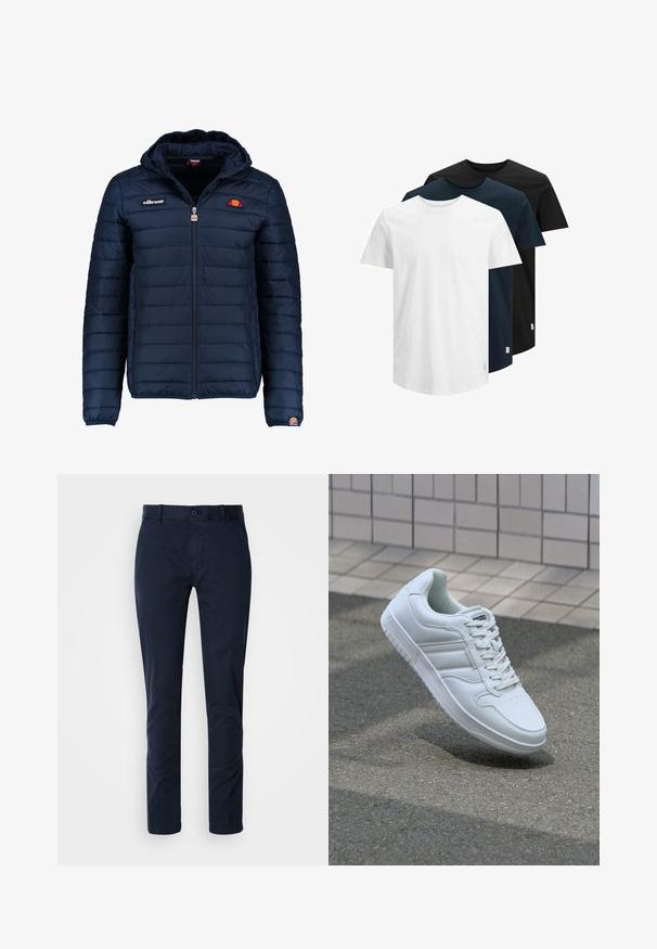 Tamsiai mėlynas pūkinis švarkas su gobtuvu, užtrauktuku, kanalų siuvimu ir logotipo akcentais krūtinėje bei rankovėje. Minkšta, tekstūruota medžiaga.; Trys trumpinių rankovėmis marškiniai: balti, tamsiai mėlyni ir juodi. Pagaminti iš medvilnės, turi apvalią iškirptę ir tiesų kraštą. Paprastas dizainas, jokių raštų.; Tamsiai mėlynos chinos kelnės, pagamintos iš medvilnės mišinio. Yra mygtukų uždarymas, diržo kilpos, tiesaus kirpimo dizainas ir švelni tekstūra.; Baltos sportinės kedai su lygaus odos viršumi, raišteliais priekyje, perforuotu kojų pirštu ir raštuotu padu. Minimalistinis dizainas su trimis šoninėmis juostelėmis.