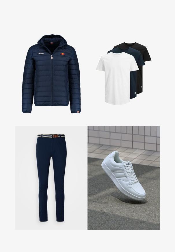 Námornícky modrá prešívaná bunda s kapucňou, zipsom, kanálovým prešívaním a logovými akcentmi na hrudi a rukáve. Mäkkučká, textúrovaná tkanina.; Tričko s krátkym rukávom v bielej, tmavomodrej a čiernej farbe. Vyrobené zo 100% bavlny, s okrúhlym výstrihom a rovnou spodnou časťou. Jednoduchý dizajn, bez vzorov.; Námornícke modré nohavice vyrobené z bavlny s úzkym strihom, s kontrastným pruhovaným pásom a hnedým koženým opaskom.; Biele atletické tenisky s hladkým koženým zvrškom, šnurovaním vpredu, perforovanou špičkou a vzorovanou podrážkou. Minimalistický dizajn s tromi bočnými pruhmi.