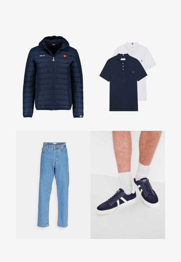 Tumedat sinised puffer jakk kapuutsiga, lukuga suletav, kanalite õmblustega ning logo aktsentidega rinnal ja varrukal. Pehme, tekstuuriga kangas.; Kaks polo särki: üks tumesinine ja üks valge, mõlemal on rinnataskul ja krael väike punase, valge ja sinise aktsent.; Heled sinised kõrge vöökoha sirged teksad eesnupu ja lukuga, vööloopide ja viie-tasku disainiga valge tausta ees.; Tumed sinised spordijalatsid valgete detailide ja paeltega, omavad stiilset disaini, on valmistatud kangast ja kummist, tekstureeritud varba ja külgedega.