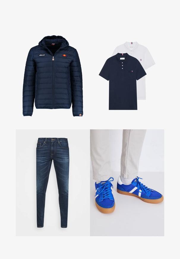 Mörkblå pufferjacka med huva, dragkedjestängning, kanalsömmar och logodetaljer på bröstet och ärmen. Mjuk, texturerad tyg.; Två polo t-shirts: en marinblå och en vit, båda med en liten röd, vit och blå detalj på bröstfickan och kragen.; Mörkblå denimjeans med smal passform, subtilt blekning, fem fickor och metallknappstängning. Sömnadsdetaljer i kontrasterande färg.; Jack & Jones JFWMORDEN - Sneakers - imperial blue