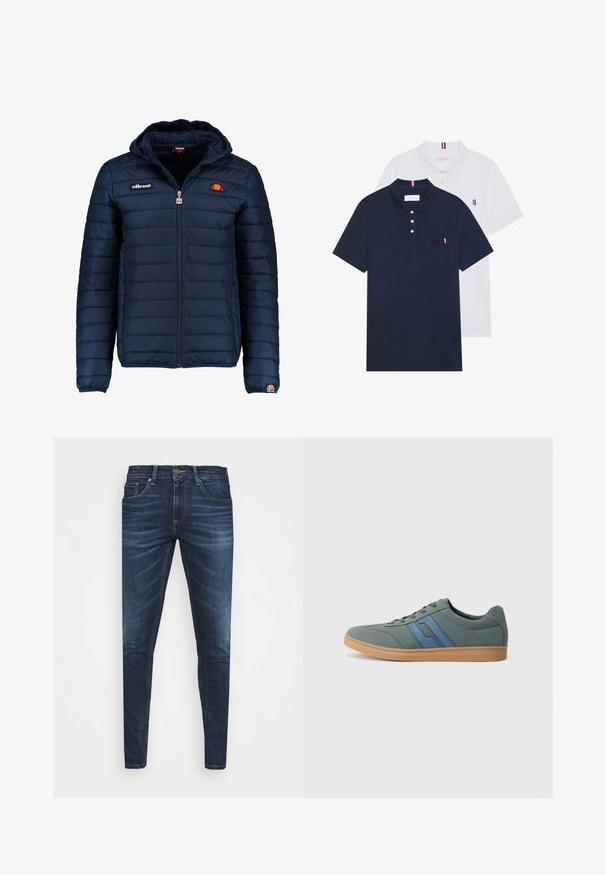 Tumedat sinised puffer jakk kapuutsiga, lukuga suletav, kanalite õmblustega ning logo aktsentidega rinnal ja varrukal. Pehme, tekstuuriga kangas.; Kaks polo särki: üks tumesinine ja üks valge, mõlemal on rinnataskul ja krael väike punase, valge ja sinise aktsent.; Tumedat sinised teksad kitsas lõikes, kerge kulumisega, viie taskuga ja metallnööbiga sulgemine. Õmmeldud aktsendid kontrastsetes värvides.; Heledad rohelised sametist tossud siniste aktsentidega, lamedad paelad ja beež kummitald. Ümar varvas ja madala profiiliga disain.