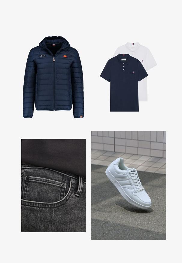 Tums zilā puffer jaka ar kapuci, rāvējslēdzēja aizdare, kanālu šuvēm un logotipa akcentiem uz krūtīm un piedurknēm. Mīksta, teksturēta auduma.; Divas polo kreklu komplekts: viens tumši zils un viens balts, abi ar mazu sarkanu, baltu un zilu akcentu uz krūšu kabatas un apkakles.; Tumši pelēki džinsi ar augšu pozīcijā esošu kabatu, kontrastējošiem diegiem un metāla kniedēm. Audumam ir nedaudz nolietota tekstūra ar vertikālām līnijām.; Balti sporta apavi ar gludu ādas virsu, sasienamais priekšpuse, perforēts purngals un rakstaina zole. Minimālisma dizains ar trim sānu svītrām.