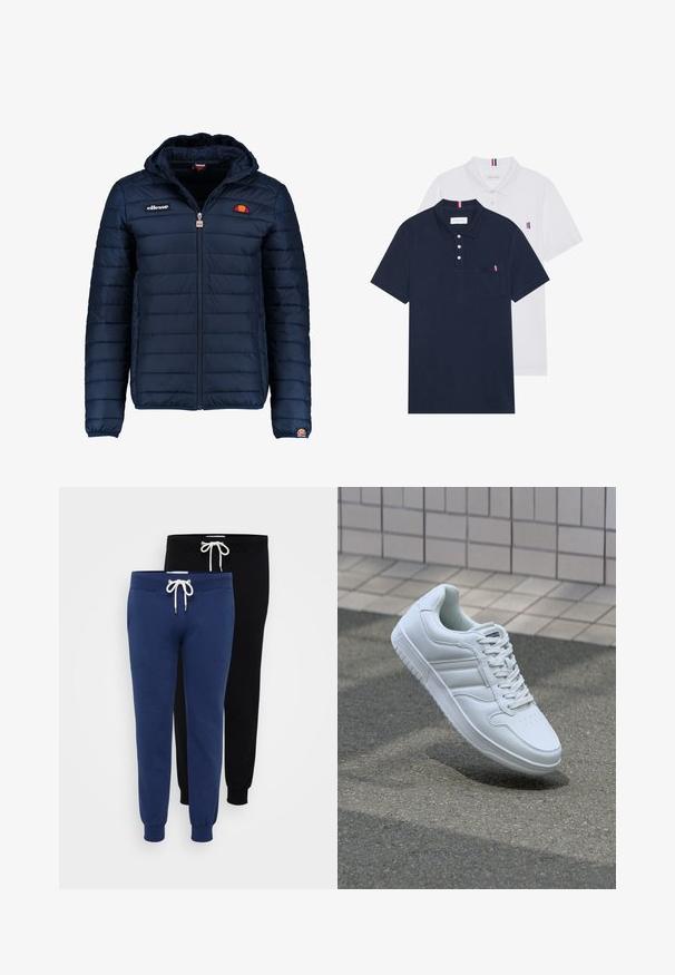 Tums zilā puffer jaka ar kapuci, rāvējslēdzēja aizdare, kanālu šuvēm un logotipa akcentiem uz krūtīm un piedurknēm. Mīksta, teksturēta auduma.; Divas polo kreklu komplekts: viens tumši zils un viens balts, abi ar mazu sarkanu, baltu un zilu akcentu uz krūšu kabatas un apkakles.; Divas pāri treniņbiksēm: vienas tumši zilas un otras melnas. Abām ir elastīgas aproces, saitēm regulējama josta un mīksts kokvilnas maisījuma materiāls.; Balti sporta apavi ar gludu ādas virsu, sasienamais priekšpuse, perforēts purngals un rakstaina zole. Minimālisma dizains ar trim sānu svītrām.