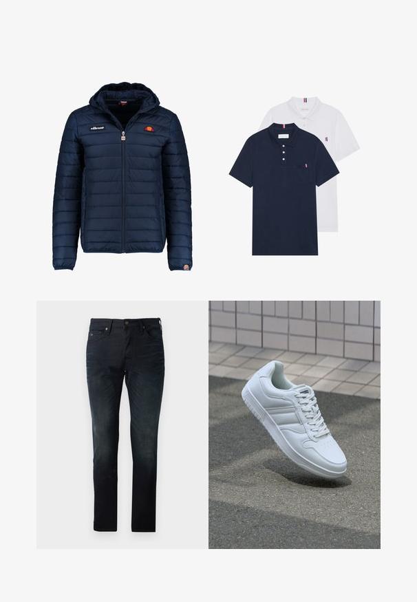 Tumedat sinised puffer jakk kapuutsiga, lukuga suletav, kanalite õmblustega ning logo aktsentidega rinnal ja varrukal. Pehme, tekstuuriga kangas.; Kaks polo särki: üks tumesinine ja üks valge, mõlemal on rinnataskul ja krael väike punase, valge ja sinise aktsent.; Tumed sinise denimi sirge lõikega teksad, viie tasku, nuppe kinnitusega ja peente tekstuurimuutustega.; Valge spordijalanõud silederja nahkvarrega, ninast paeltega, perforatsiooni tõttu ventilatsiooniga ning mustrilise tallaga. Minimalistlik disain, millel on kolm külgmist triipu.