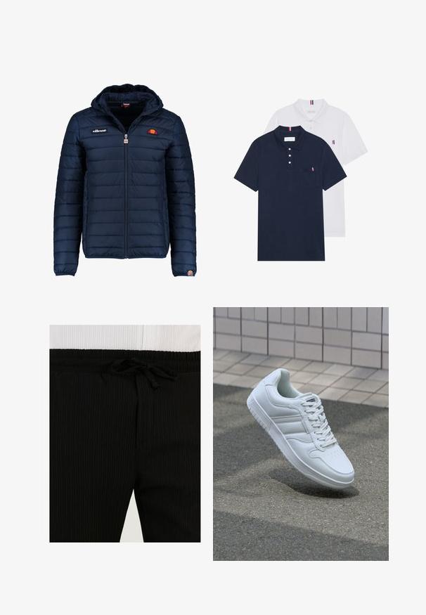 Tumedat sinised puffer jakk kapuutsiga, lukuga suletav, kanalite õmblustega ning logo aktsentidega rinnal ja varrukal. Pehme, tekstuuriga kangas.; Kaks polo särki: üks tumesinine ja üks valge, mõlemal on rinnataskul ja krael väike punase, valge ja sinise aktsent.; Mustad ribaga sweatpants elastse vöökoha ja nööriga. Tekstuuri on pehme, vertikaalsete joontega, luues peene mustri.; Valge spordijalanõud silederja nahkvarrega, ninast paeltega, perforatsiooni tõttu ventilatsiooniga ning mustrilise tallaga. Minimalistlik disain, millel on kolm külgmist triipu.