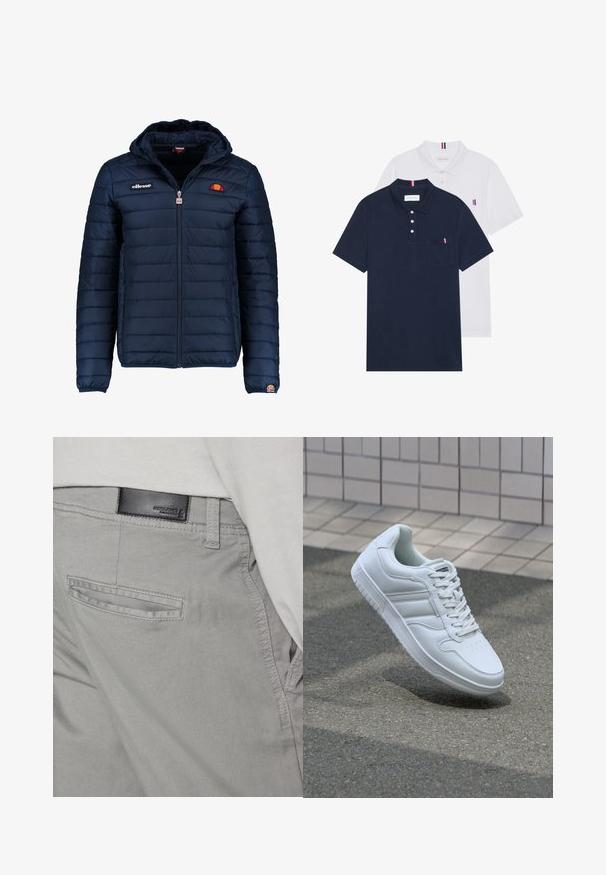 Giubbotto imbottito blu navy con cappuccio, chiusura con zip, cuciture a canale e dettagli con logo sul petto e sulla manica. Tessuto morbido e testurizzato.; Due polo shirt: uno blu navy e uno bianco, entrambi con un piccolo accento rosso, bianco e blu sulla tasca del petto e sul colletto.; Pantaloni grigi con una trama liscia, dotati di una tasca posteriore con apertura orizzontale e un piccolo etichetta in pelle nera vicino alla vita.; Sneaker sportivo bianco con tomaia in pelle liscia, chiusura con lacci, punta perforata e suola decorata. Design minimalista con tre strisce laterali.