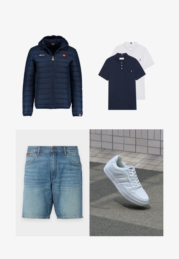 Temno modra napihnjena jakna s kapuco, z zadrgo, kanalnim šivom in logotipom na prsih in rokavu. Mehka, teksturirana tkanina.; Dve polo majice: ena mornarsko modra in ena bela, obe z majhnim rdečim, belim in modrim poudarjanjem na žepu in ovratniku.; Denim kratke hlače v svetlo modrem pranju, z značilnim 5-žepnim dizajnom, gumbom za zapiranje in subtilnim zbledeljem. Čista robna linija in vidna tekstura.; Bela atletska teniska obutev z gladkim usnjenim zgornjim delom, vezanjem spredaj, perforiranim prstom in vzorčastim podplatom. Minimalistična zasnova s tremi stranskimi črtami.