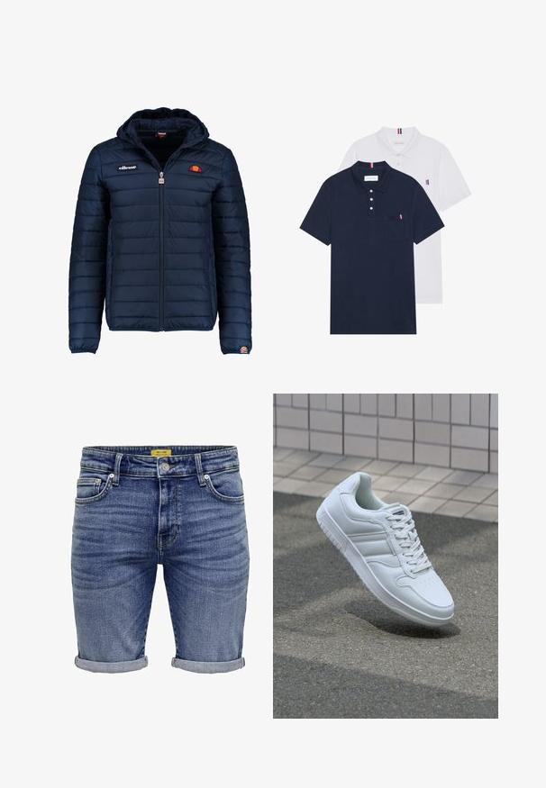 Tummansininen puhvitakki, jossa on huppu, vetoketjukiinnitys, kanavapistoilu ja logoteemaiset yksityiskohdat rinnassa ja hihassa. Pehmeä, teksturoitu kangas.; Kaksi polo-paitaa: yksi tummansininen ja yksi valkoinen, molemmissa pieni punainen, valkoinen ja sininen yksityiskohta rintataskussa ja kauluksessa.; Farkkushortsit keskipunaisena sinisenä. Ominaisuuksiin kuuluu klassinen viiden taskun muotoilu, käärityt lahkeet ja hienovarainen haalistuminen kankaassa. Metalliosat sisältyvät.; Valkoiset urheilukengät, joissa on sileä nahkapinta, nauhakiinnitys edessä, rei'itetty kärki ja kuvioitu pohja. Minimalistinen muotoilu, jossa on kolme sivuraitaa.