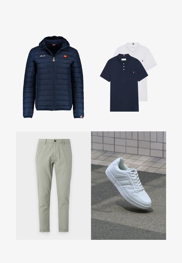Tumedat sinised puffer jakk kapuutsiga, lukuga suletav, kanalite õmblustega ning logo aktsentidega rinnal ja varrukal. Pehme, tekstuuriga kangas.; Kaks polo särki: üks tumesinine ja üks valge, mõlemal on rinnataskul ja krael väike punase, valge ja sinise aktsent.; Kohandatud rohelised chinos, mis on valmistatud kergest puuvillast. Omab nööpkinnitust, esimesi ja tagumisi taskuid ning kitsenevat säärepikkust.; Valge spordijalanõud silederja nahkvarrega, ninast paeltega, perforatsiooni tõttu ventilatsiooniga ning mustrilise tallaga. Minimalistlik disain, millel on kolm külgmist triipu.