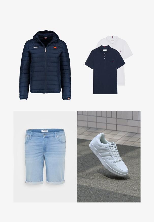 Marineblå puffjakke med hette, glidelås, kanalsøm og logoaksenter på brystet og ermet. Mykt, teksturert stoff.; To polo skjorter: en marineblå og en hvit, begge med en liten rød, hvit og blå aksent på brystlommen og kragen.; Lyseblå denimshorts med en lett falmet overflate, opprullede mansjetter, fem-lommerdesign og metallknapp-lukking.; Hvit atletisk sneaker med glatt skinnoverside, snøring foran, perforert tå og mønstrets såle. Minimalistisk design med tre side-striper.