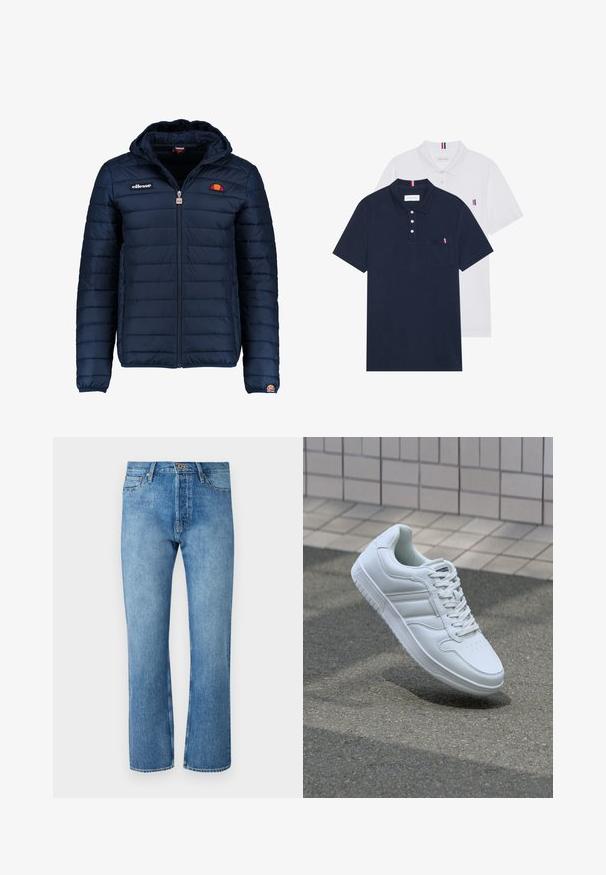 Casaco puffer azul marinho com capuz, fecho de correr, costura em canais e detalhes do logo no peito e na manga. Tecido macio e texturizado.; Duas camisetas polo: uma azul-marinho e uma branca, ambas com um pequeno detalhe em vermelho, branco e azul no bolso do peito e na gola.; Jeans de ganga azul claro com um corte de perna reta, apresentando um design clássico de cinco bolsos, fecho de botão e costura em contraste.; Sapatilha desportiva branca com parte superior em couro liso, frente com atacadores, bico perfurado e sola padronizada. Design minimalista com três riscas laterais.