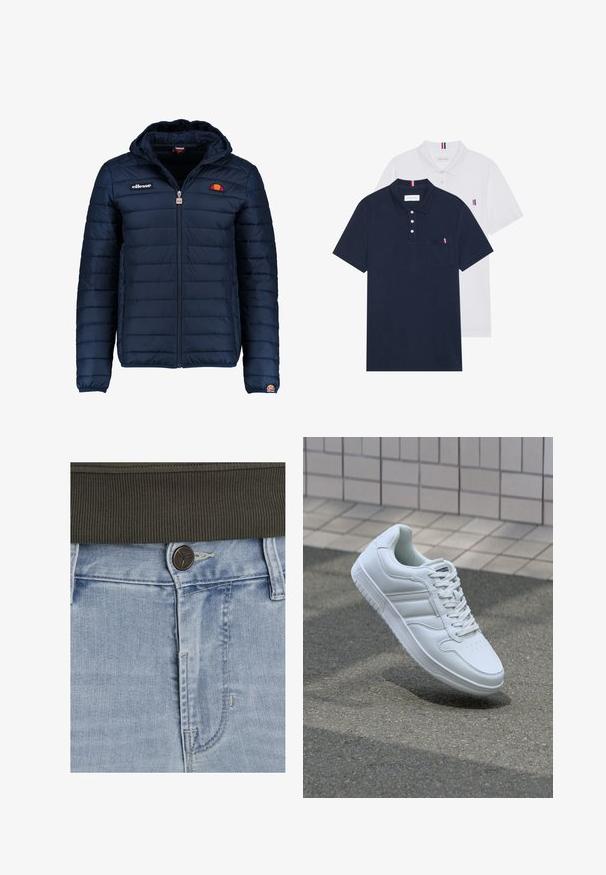 Chaqueta acolchada azul marino con capucha, cierre de cremallera, costuras en canales y acentos de logo en el pecho y la manga. Tejido suave y texturizado.; Dos camisetas polo: una de color azul marino y otra blanca, ambas con un pequeño acento en rojo, blanco y azul en el bolsillo del pecho y el cuello.; Vaqueros de denim azul claro con un diseño clásico, que presentan un cierre de botón marrón y una cinturilla acanalada de color verde oscuro.; Zapatilla atlética blanca con parte superior de cuero suave, cierre de cordones en el frente, puntera perforada y suela con patrón. Diseño minimalista con tres rayas laterales.