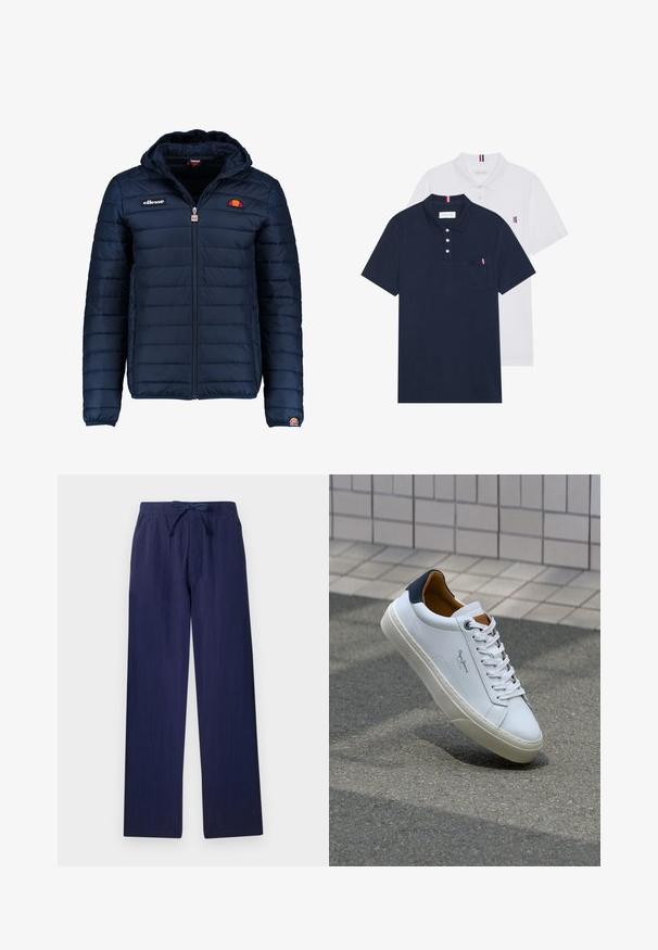 Marineblauwe gewatteerde jas met een capuchon, ritsluiting, kanalenstiksel en logoaccenten op de borst en mouw. Zachte, gestructureerde stof.; Twee polo shirts: één marineblauw en één wit, beide met een kleine rood, wit en blauwe accent op de borstzak en kraag.; Marineblauwe, wijde broek van lichtgewicht stof. Beschikt over een elastische tailleband met trekkoord en zijzakken. Gladde textuur.; Witte leren sneaker met een marineblauwe hiel, ronde neus en contrasterende bruin accent. Beschikt over platte veters en een gestructureerde rubberen zool.