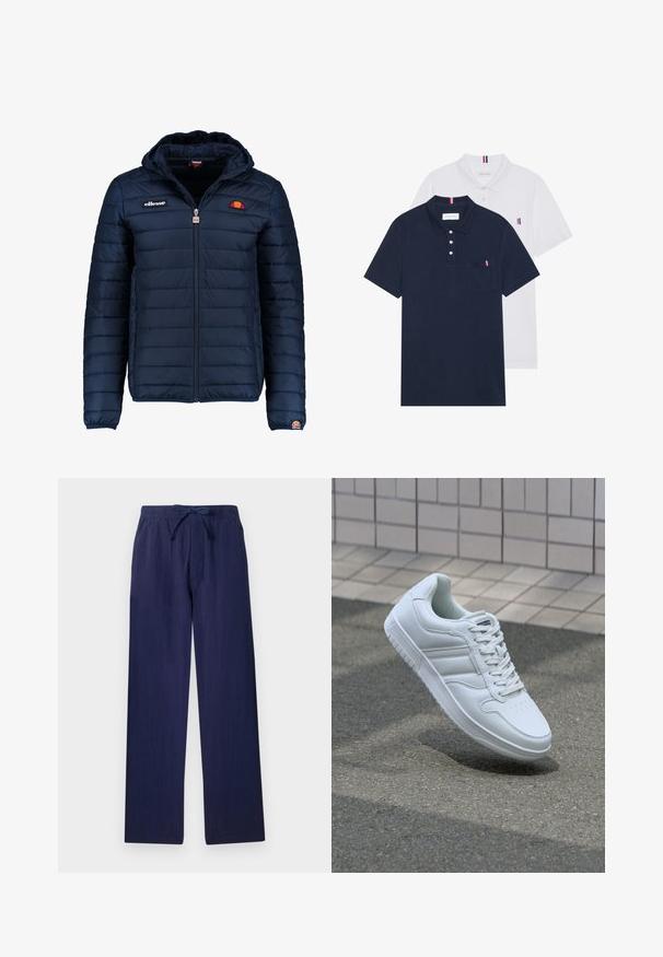 Veste matelassée bleu marine avec capuche, fermeture zippée, coutures en canaux et accents de logo sur la poitrine et la manche. Tissu doux et texturé.; Deux polos : un bleu marine et un blanc, tous deux avec un petit accent rouge, blanc et bleu sur la poche poitrine et le col.; Pantalons larges bleu marine fabriqués en tissu léger. Dotés d'une taille élastique avec cordon de serrage et de poches latérales. Texture lisse.; Baskets blanches de sport avec une tige en cuir lisse, un laçage à l'avant, une pointe perforée et une semelle à motifs. Design minimaliste avec trois bandes latérales.