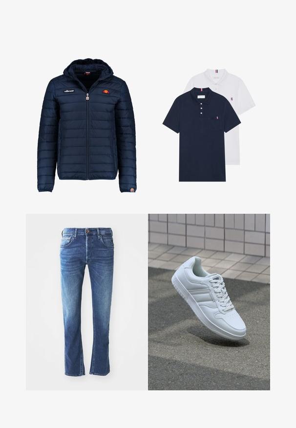 Mornaricnoplava pufasta jakna s kapuljačom, zatvaranje na zip, kanalno šivanje i akcenti s logom na prsima i rukavu. Mekani, teksturirani materijal.; Dva polo majice: jedna tamnoplava i jedna bijela, obje s malim crveno-bijelim-plavim naglaskom na džepu i ovratniku.; Tamno plave traperice s ravnim krojem, koje imaju pet džepova, smeđi gumb za zatvaranje i suptilno svjetlo izbljeđivanje na bedrima.; Bijela atletska tenisica s glatkim kožnim gornjim dijelom, vezanjem sprijeda, perforiranim vrhom i uzorkovanim đonom. Minimalistički dizajn s tri bočne pruge.