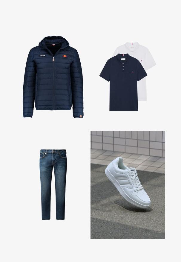 Casaco puffer azul marinho com capuz, fecho de correr, costura em canais e detalhes do logo no peito e na manga. Tecido macio e texturizado.; Duas camisetas polo: uma azul-marinho e uma branca, ambas com um pequeno detalhe em vermelho, branco e azul no bolso do peito e na gola.; Jeans de ganga azul escuro com um design de perna reta, apresentando cinco bolsos, um fecho de botão e detalhes de desbotamento sutis no tecido.; Sapatilha desportiva branca com parte superior em couro liso, frente com atacadores, bico perfurado e sola padronizada. Design minimalista com três riscas laterais.