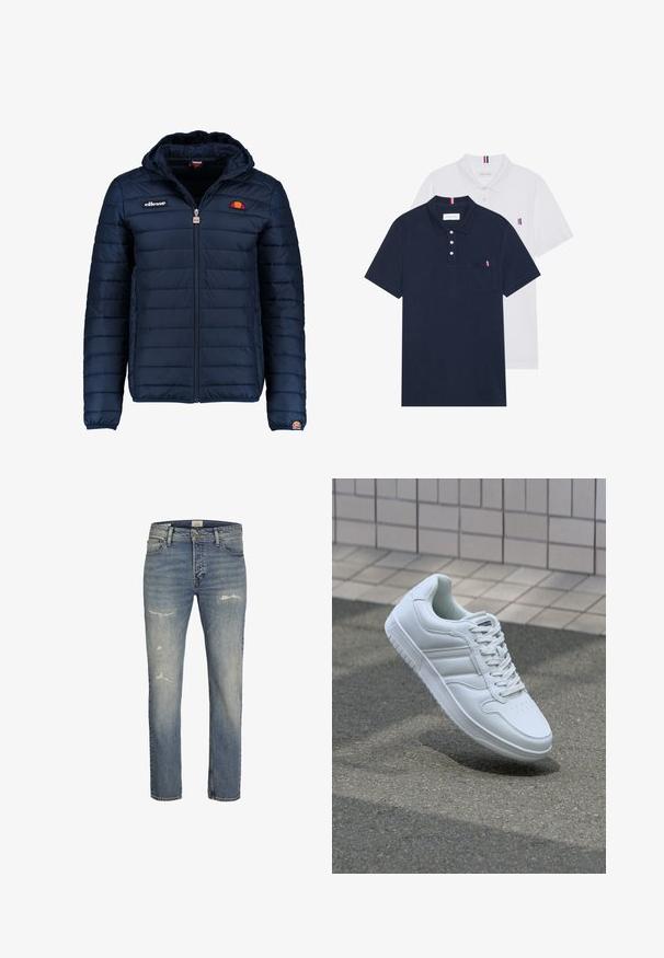 Tumedat sinised puffer jakk kapuutsiga, lukuga suletav, kanalite õmblustega ning logo aktsentidega rinnal ja varrukal. Pehme, tekstuuriga kangas.; Kaks polo särki: üks tumesinine ja üks valge, mõlemal on rinnataskul ja krael väike punase, valge ja sinise aktsent.; Heledad sinine teksapüksid, sirge jala disainiga, esiküljel kulumise detailidega ning klassikaline viie taskuga stiil, millel on lukk.; Valge spordijalanõud silederja nahkvarrega, ninast paeltega, perforatsiooni tõttu ventilatsiooniga ning mustrilise tallaga. Minimalistlik disain, millel on kolm külgmist triipu.
