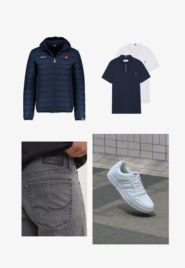 Tumedat sinised puffer jakk kapuutsiga, lukuga suletav, kanalite õmblustega ning logo aktsentidega rinnal ja varrukal. Pehme, tekstuuriga kangas.; Kaks polo särki: üks tumesinine ja üks valge, mõlemal on rinnataskul ja krael väike punase, valge ja sinise aktsent.; Hallide teksased, millel on tagakott kaarekujuliste õmblustega ja must nahkplekk, millel on bränditeave ja käsitöödetailid.; Valge spordijalanõud silederja nahkvarrega, ninast paeltega, perforatsiooni tõttu ventilatsiooniga ning mustrilise tallaga. Minimalistlik disain, millel on kolm külgmist triipu.