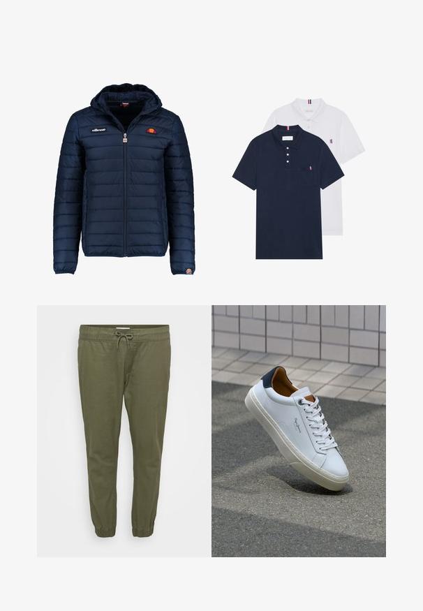 Navy blue puffer jacket with a hood, zip closure, channel stitching, and logo accents on the chest and sleeve. Soft, textured fabric.; Two polo shirts: one navy blue and one white, both with a small red, white, and blue accent on the chest pocket and collar.; Olive green, lightweight tapered pants with an elastic waistband, adjustable drawstring, and elastic cuffs at the ankles. Smooth texture.; White leather sneaker with a navy heel, round toe, and contrasting brown accents. Features flat laces and textured rubber sole.