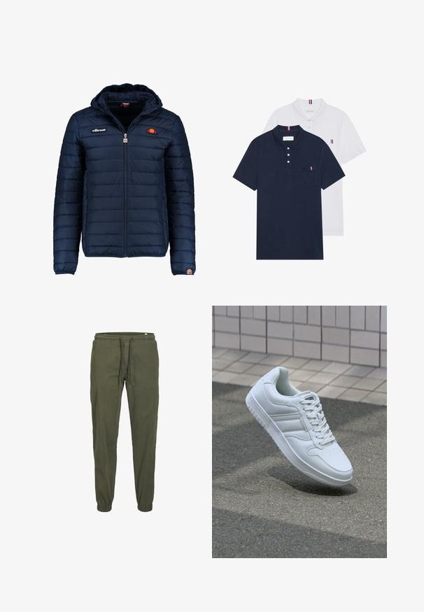 Navy blue puffer jacket with a hood, zip closure, channel stitching, and logo accents on the chest and sleeve. Soft, textured fabric.; Two polo shirts: one navy blue and one white, both with a small red, white, and blue accent on the chest pocket and collar.; Olive green jogger pants with an elastic waistband, drawstring closure, and tapered cuffs. Made from soft, textured cotton fabric.; White athletic sneaker with smooth leather upper, lace-up front, perforated toe, and patterned sole. Minimalist design with three side stripes.