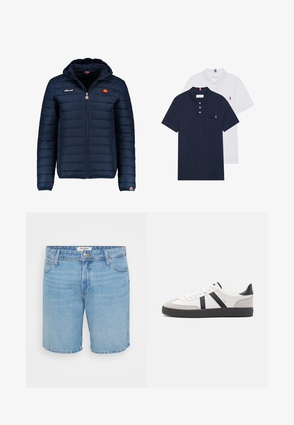 Námornícky modrá prešívaná bunda s kapucňou, zipsom, kanálovým prešívaním a logovými akcentmi na hrudi a rukáve. Mäkkučká, textúrovaná tkanina.; Dvoje polo tričiek: jedno námornícky modré a jedno biele, obidve s malým červeným, bielym a modrým akcentom na vrecku a golieri.; Svetlo modré denimové šortky s klasikou strihom, ktoré majú päť vreciek, zapínanie na gombík a jemné blednutie. Hladká textúra, prešité lemy.; Biele tenisky s čiernymi a šedými akcentmi, s textúrovanou šedou špičkou, čiernou gumovou podrážkou a plochými bielymi šnúrkami. Čistý dizajn, minimalistický štýl.