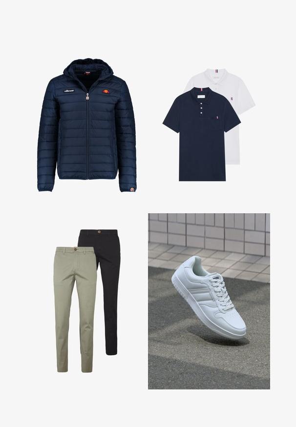 Marineblauwe gewatteerde jas met een capuchon, ritsluiting, kanalenstiksel en logoaccenten op de borst en mouw. Zachte, gestructureerde stof.; Twee polo shirts: één marineblauw en één wit, beide met een kleine rood, wit en blauwe accent op de borstzak en kraag.; Twee paar slim-fit broeken: een in lichtbeige katoen met een knoopdetail, de andere in effen zwart katoen, beide met zijzakken.; Witte sportsneaker met een glad leren bovenwerk, vetersluiting aan de voorkant, geperforeerde neus en een geprofileerde zool. Minimalistisch ontwerp met drie zijstrepen.