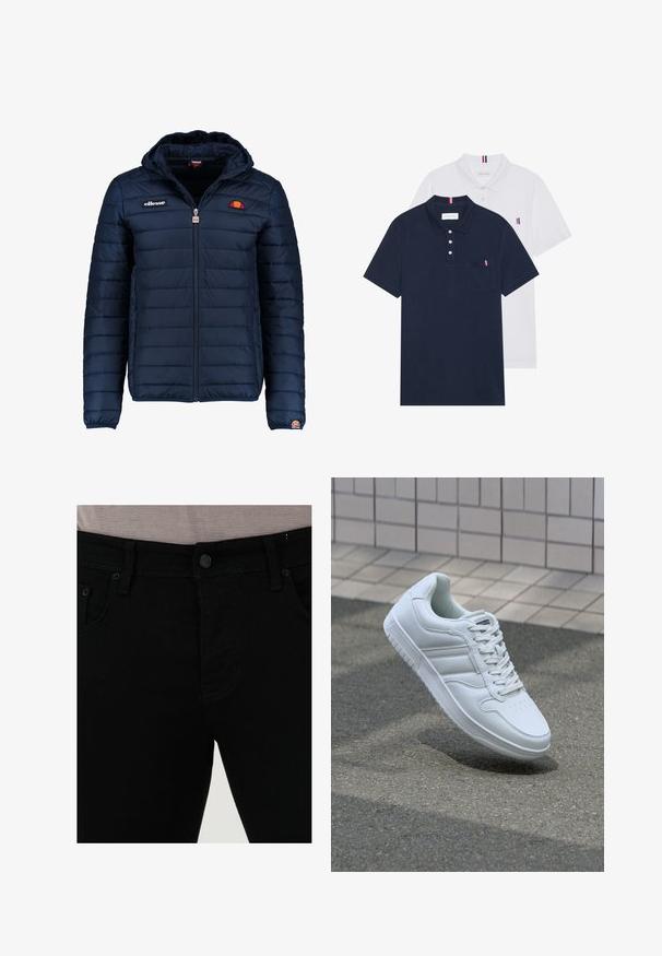 Temno modra napihnjena jakna s kapuco, z zadrgo, kanalnim šivom in logotipom na prsih in rokavu. Mehka, teksturirana tkanina.; Dve polo majice: ena mornarsko modra in ena bela, obe z majhnim rdečim, belim in modrim poudarjanjem na žepu in ovratniku.; Črne kavbojke iz denima z gladko teksturo, zasnovo s petimi žepi in enim gumbom za zapiranje. Šiv je rahlo v kontrastu s tkanino.; Bela atletska teniska obutev z gladkim usnjenim zgornjim delom, vezanjem spredaj, perforiranim prstom in vzorčastim podplatom. Minimalistična zasnova s tremi stranskimi črtami.