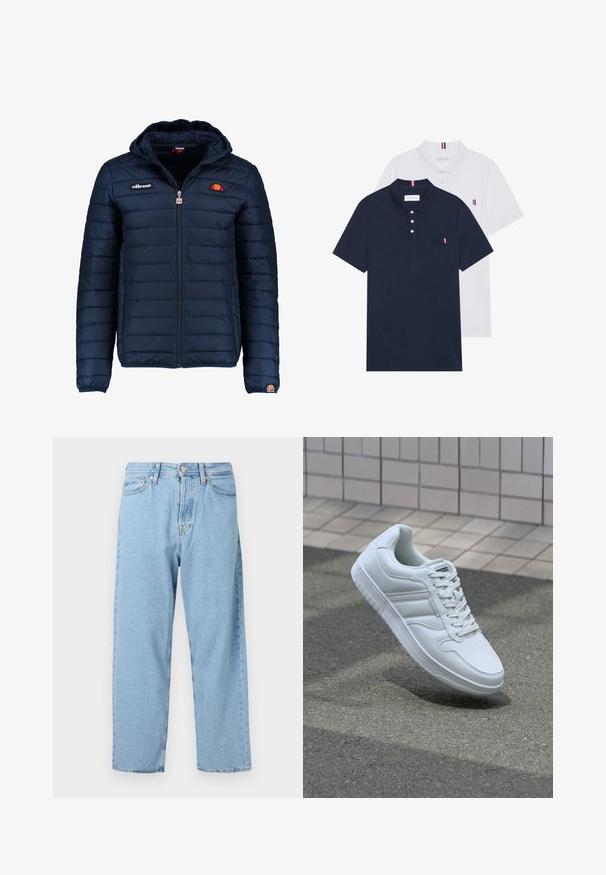 Tamsiai mėlynas pūkinis švarkas su gobtuvu, užtrauktuku, kanalų siuvimu ir logotipo akcentais krūtinėje bei rankovėje. Minkšta, tekstūruota medžiaga.; Du keturių marškiniai: vienas tamsiai mėlynas ir vienas baltas, abu su mažais raudonais, baltais ir mėlynais akcentais ant krūtinės kišenės ir apykaklės.; Šviesiai mėlynos aukšto liemens tiesios kojų džinsai su penkiomis kišenėmis ir priekiniais mygtuko bei užtrauktuko uždarymais.; Baltos sportinės kedai su lygaus odos viršumi, raišteliais priekyje, perforuotu kojų pirštu ir raštuotu padu. Minimalistinis dizainas su trimis šoninėmis juostelėmis.