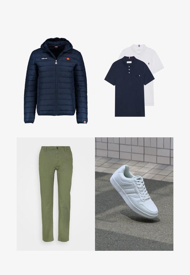 Jachetă puffer de culoare bleumarin, cu glugă, închidere cu fermoar, cusături în canale și detalii cu logo pe piept și pe mânecă. Material moale, texturat.; Două tricouri polo: unul albastru navy și unul alb, ambele având un mic accent roșu, alb și albastru pe buzunarul de la piept și guler.; Pantaloni kaki verde, cu o textură netedă, au un închidere cu nasture și cinci buzunare, fiind concepuți într-un stil drept.; Adidași albi pentru sport cu superior din piele netedă, sistem de șireturi în față, vârf perforat și talpă cu model. Design minimalist cu trei dungi laterale.