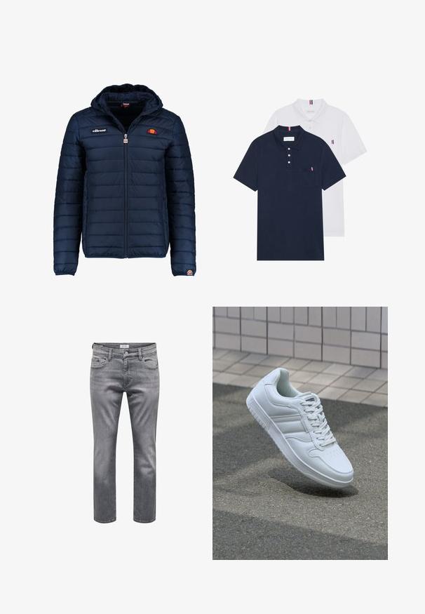 Navy blue puffer jacket with a hood, zip closure, channel stitching, and logo accents on the chest and sleeve. Soft, textured fabric.; Two polo shirts: one navy blue and one white, both with a small red, white, and blue accent on the chest pocket and collar.; Gray denim jeans with a classic five-pocket design, zip fly, and a straight-leg cut. The fabric features a subtle texture and light fading.; White athletic sneaker with smooth leather upper, lace-up front, perforated toe, and patterned sole. Minimalist design with three side stripes.