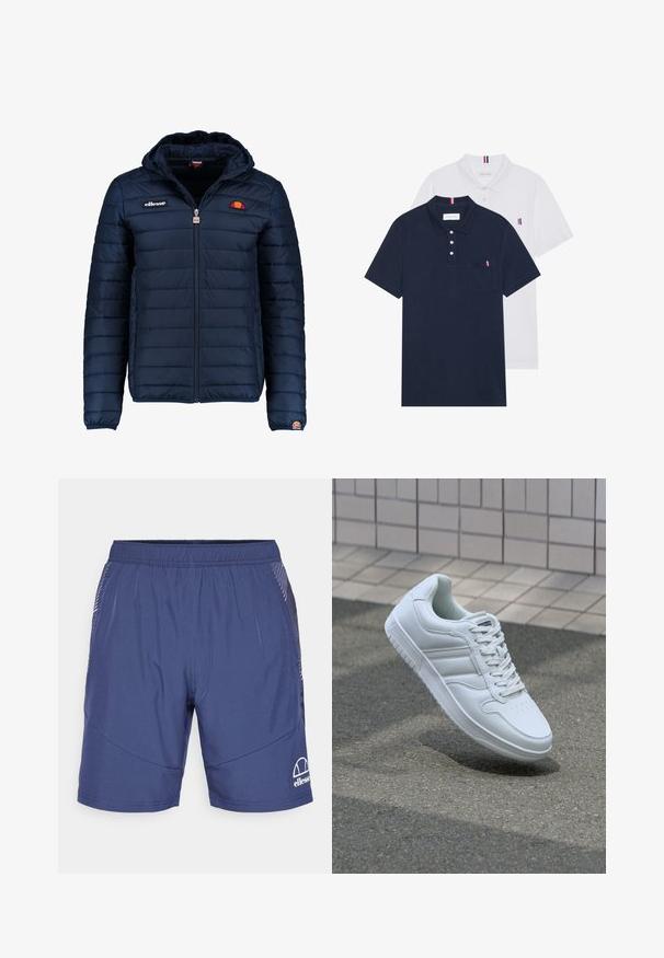 Navy blue puffer jacket with a hood, zip closure, channel stitching, and logo accents on the chest and sleeve. Soft, textured fabric.; Two polo shirts: one navy blue and one white, both with a small red, white, and blue accent on the chest pocket and collar.; Navy blue shorts made of lightweight fabric, featuring an elastic waistband, side pockets, and a white logo on the lower left side.; White athletic sneaker with smooth leather upper, lace-up front, perforated toe, and patterned sole. Minimalist design with three side stripes.