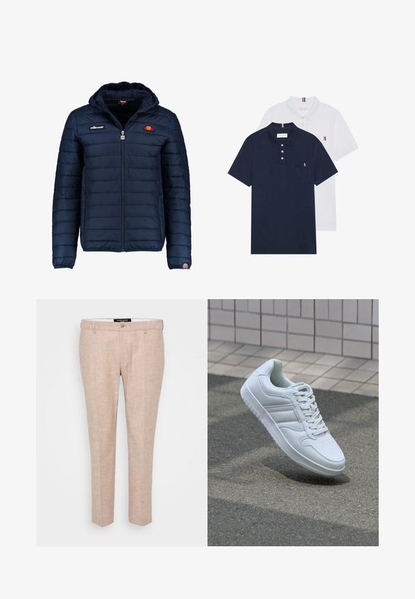 Tummansininen puhvitakki, jossa on huppu, vetoketjukiinnitys, kanavapistoilu ja logoteemaiset yksityiskohdat rinnassa ja hihassa. Pehmeä, teksturoitu kangas.; Kaksi polo-paitaa: yksi tummansininen ja yksi valkoinen, molemmissa pieni punainen, valkoinen ja sininen yksityiskohta rintataskussa ja kauluksessa.; Vaaleanbeige housut, jotka on valmistettu pellavasekoitekankaasta. Housuissa on litteä etuosa, vyölenkit ja yksi nappisulku. Vartalon myötäisesti muotoiltu suoralahkeinen design.; Valkoiset urheilukengät, joissa on sileä nahkapinta, nauhakiinnitys edessä, rei'itetty kärki ja kuvioitu pohja. Minimalistinen muotoilu, jossa on kolme sivuraitaa.