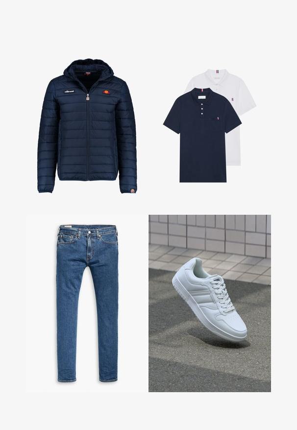 Veste matelassée bleu marine avec capuche, fermeture zippée, coutures en canaux et accents de logo sur la poitrine et la manche. Tissu doux et texturé.; Deux polos : un bleu marine et un blanc, tous deux avec un petit accent rouge, blanc et bleu sur la poche poitrine et le col.; Jeans slim fit en denim bleu avec cinq poches, bouton avant et passants de ceinture, présentés à plat sur un fond blanc.; Baskets blanches de sport avec une tige en cuir lisse, un laçage à l'avant, une pointe perforée et une semelle à motifs. Design minimaliste avec trois bandes latérales.