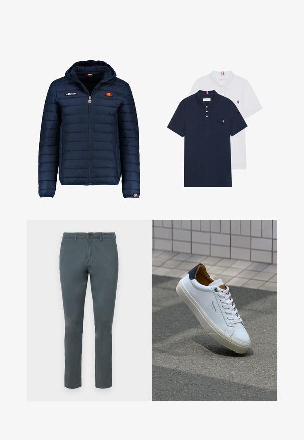 Tamsiai mėlynas pūkinis švarkas su gobtuvu, užtrauktuku, kanalų siuvimu ir logotipo akcentais krūtinėje bei rankovėje. Minkšta, tekstūruota medžiaga.; Du keturių marškiniai: vienas tamsiai mėlynas ir vienas baltas, abu su mažais raudonais, baltais ir mėlynais akcentais ant krūtinės kišenės ir apykaklės.; Pilki medvilnės mišinio kelnės su siauru kirpimu, mygtukų uždarymu ir dviem priekinėmis kišenėmis. Lygus paviršius ir tiesaus kirpimo dizainas.; Balti odiniai sportbačiai su mėlynu kulnu, apvalia nosimi ir kontrastingais rudais akcentais. Aptakios raišteliai ir tekstūruota guma.