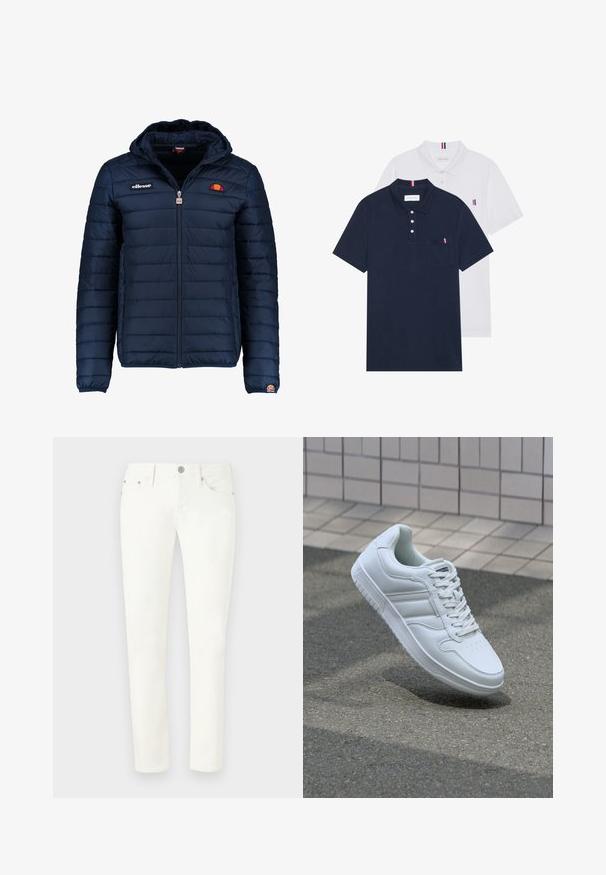 Chaqueta acolchada azul marino con capucha, cierre de cremallera, costuras en canales y acentos de logo en el pecho y la manga. Tejido suave y texturizado.; Dos camisetas polo: una de color azul marino y otra blanca, ambas con un pequeño acento en rojo, blanco y azul en el bolsillo del pecho y el cuello.; Jean denim blanco de corte ajustado. Incluye cinco bolsillos, un cierre frontal con botón y detalles de metal. Textura suave.; Zapatilla atlética blanca con parte superior de cuero suave, cierre de cordones en el frente, puntera perforada y suela con patrón. Diseño minimalista con tres rayas laterales.