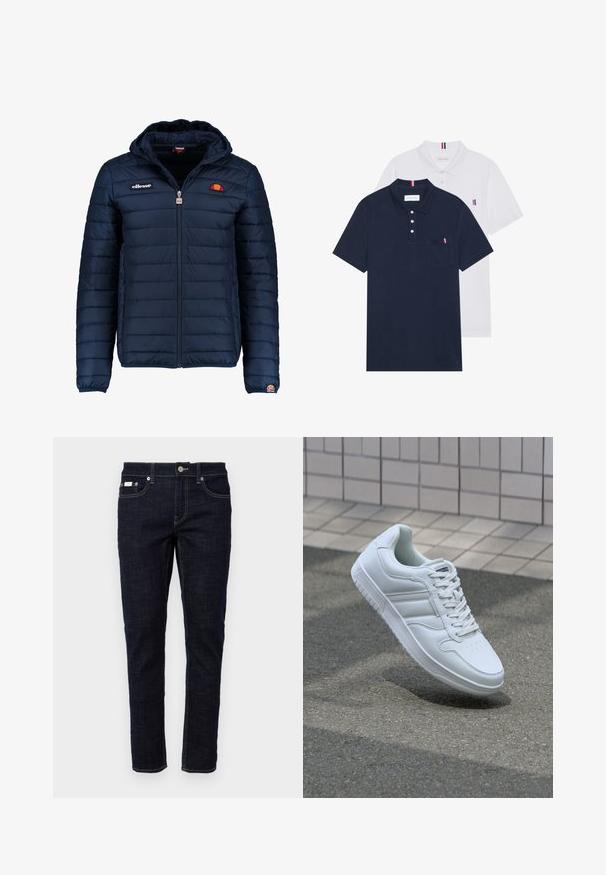 Giubbotto imbottito blu navy con cappuccio, chiusura con zip, cuciture a canale e dettagli con logo sul petto e sulla manica. Tessuto morbido e testurizzato.; Due polo shirt: uno blu navy e uno bianco, entrambi con un piccolo accento rosso, bianco e blu sulla tasca del petto e sul colletto.; Jeans in denim blu scuro con vestibilità slim, cinque tasche, cuciture tradizionali e chiusura con bottone in metallo in vita. Texture croccante.; Sneaker sportivo bianco con tomaia in pelle liscia, chiusura con lacci, punta perforata e suola decorata. Design minimalista con tre strisce laterali.