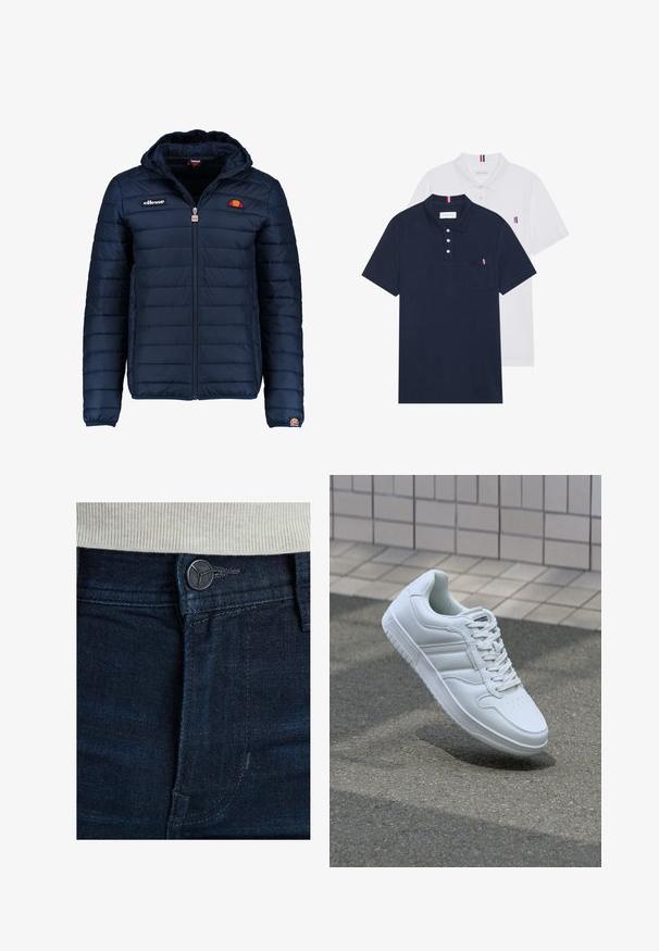 Chaqueta acolchada azul marino con capucha, cierre de cremallera, costuras en canales y acentos de logo en el pecho y la manga. Tejido suave y texturizado.; Dos camisetas polo: una de color azul marino y otra blanca, ambas con un pequeño acento en rojo, blanco y azul en el bolsillo del pecho y el cuello.; Vaqueros de mezclilla azul oscuro con un clásico diseño de cinco bolsillos, cierre de botón de metal y una textura sutil. Costuras cosidas a lo largo de los bordes.; Zapatilla atlética blanca con parte superior de cuero suave, cierre de cordones en el frente, puntera perforada y suela con patrón. Diseño minimalista con tres rayas laterales.